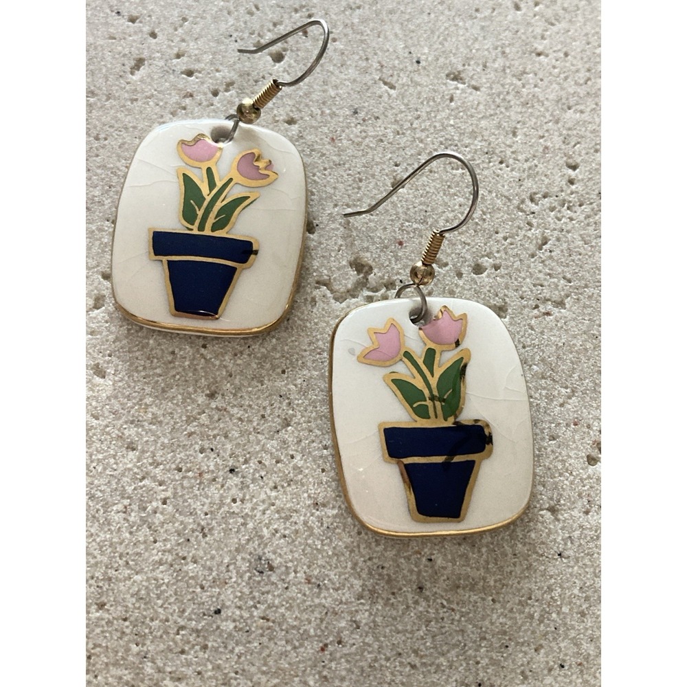 Vintage Tulip Flower Pot Dangle Earrings White Enamel Garden Novelty Porcelain